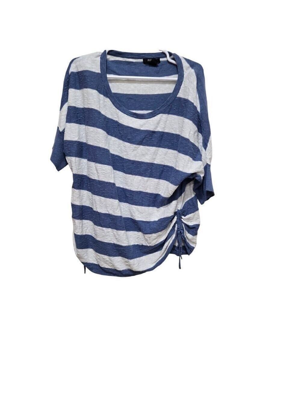 3X Blue White Striped Linen Blend Top Plus Size Coastal Grandmother